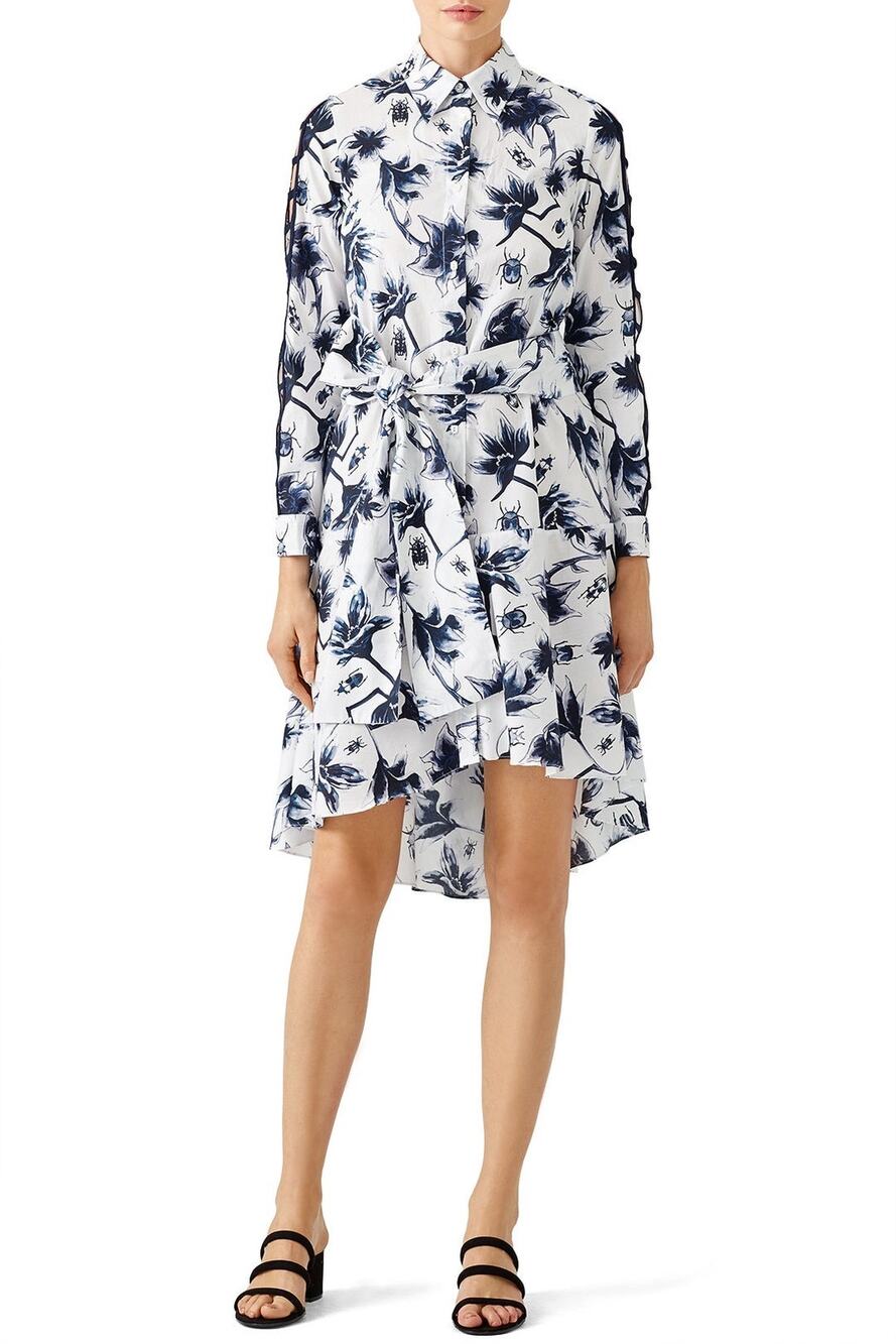 Osman Suzie White Floral Print Long Sleeve Tie Waist High Low Shirt Dress Sz 12